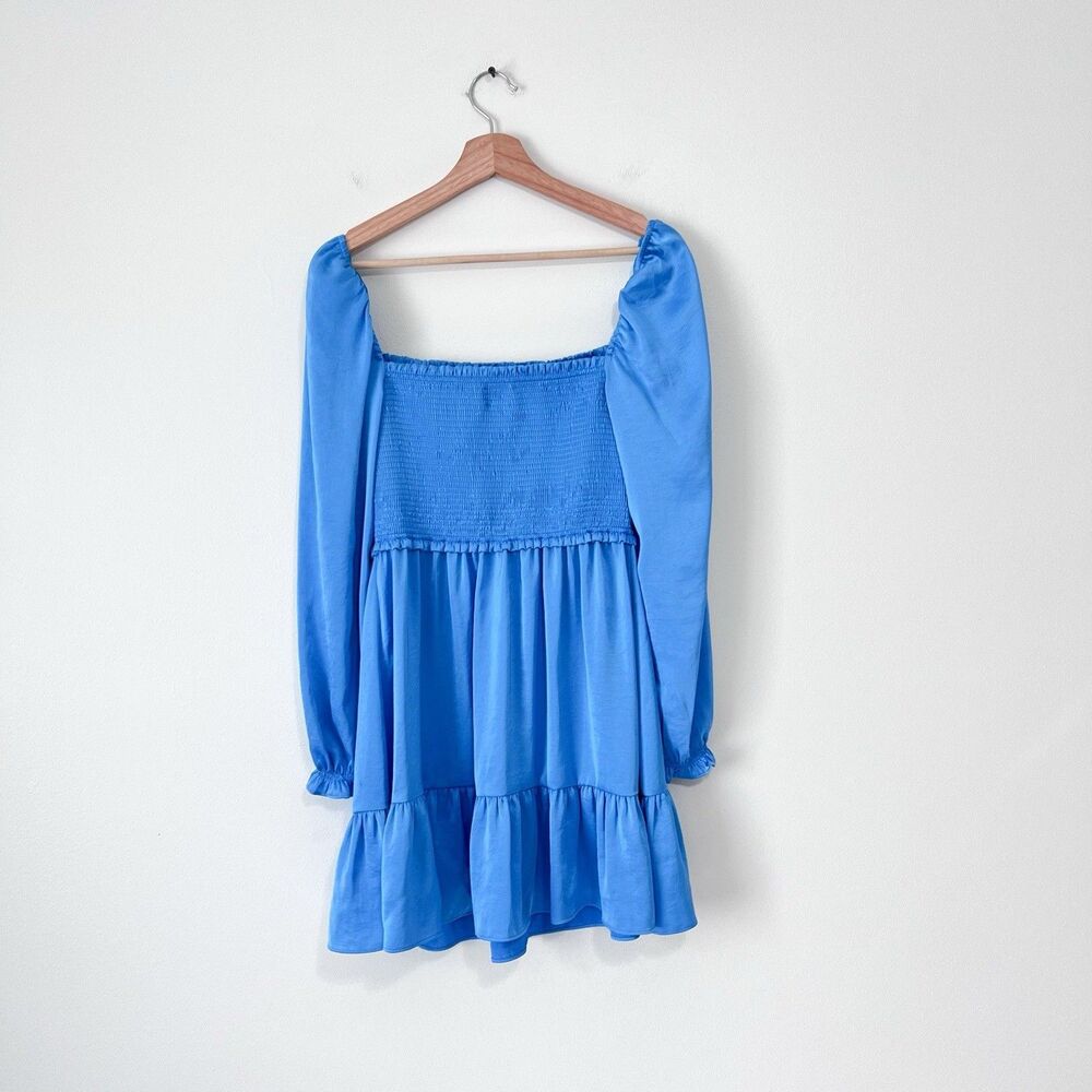 Aritzia Wilfred Tempest Satin Smocked Mini Dress Blue M Long Sleeve Babydoll - Picture 7 of 11